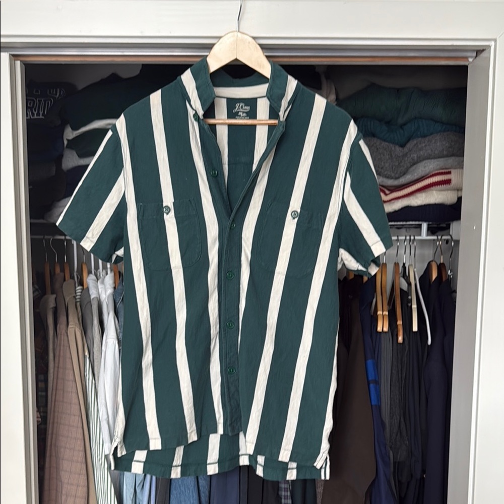 J. Crew Green and White Casual Knit Button Down Shirt Men’s Large